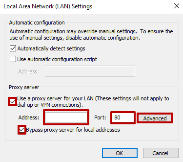 Check 'Use a proxy server for your LAN' and enter the proxy details. Click 'Advanced'