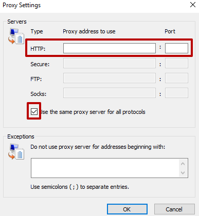 If data is not automatically entered, enter it again and check 'Use the same proxy server for all protocols'