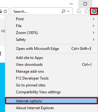 Click the gear icon in the top right, then click 'Internet Options'