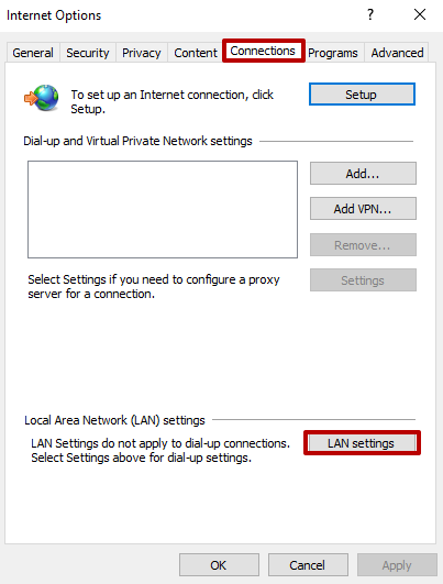 Click the 'Connections' tab, then click 'LAN settings'