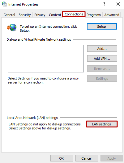 Select 'Connections' tab and click 'LAN settings' button