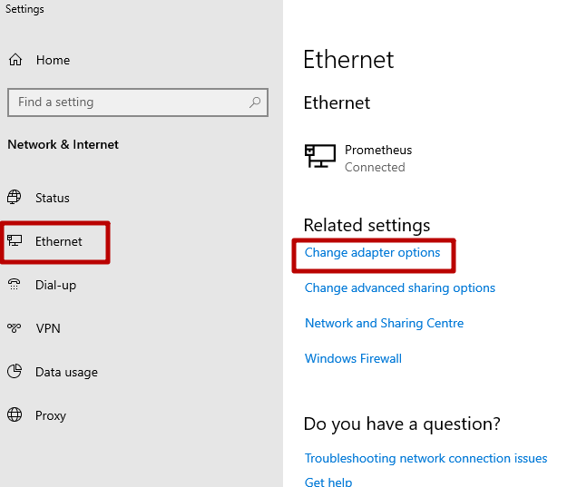 In the 'Ethernet' menu, click 'Change adapter settings'