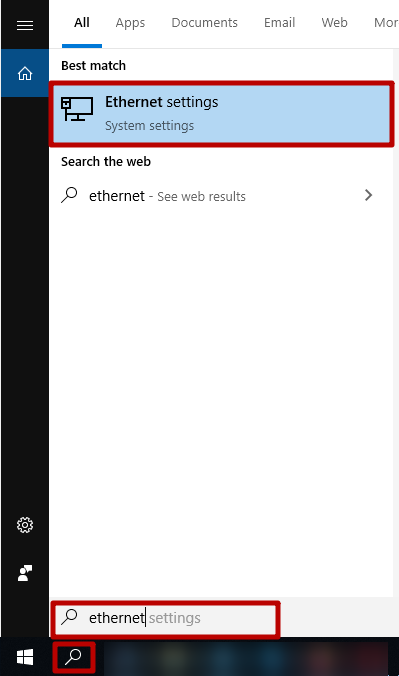 Open search field and enter 'Ethernet settings'